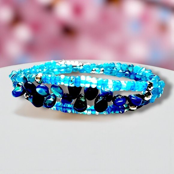 Natural Apatite and Black Opal Wrap Bracelet, Necklace Solid 14k White Gold - Picture 4 of 7